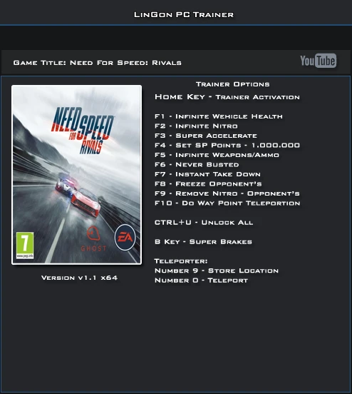 Need for Speed ~ Rivals: Трейнер/Trainer (+13) [1.1: 64 Bit] {LinGon}