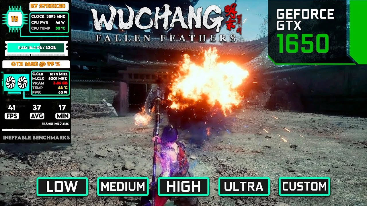 Тест производительности Wuchang: Fallen Feathers на бюджетной GTX 1650