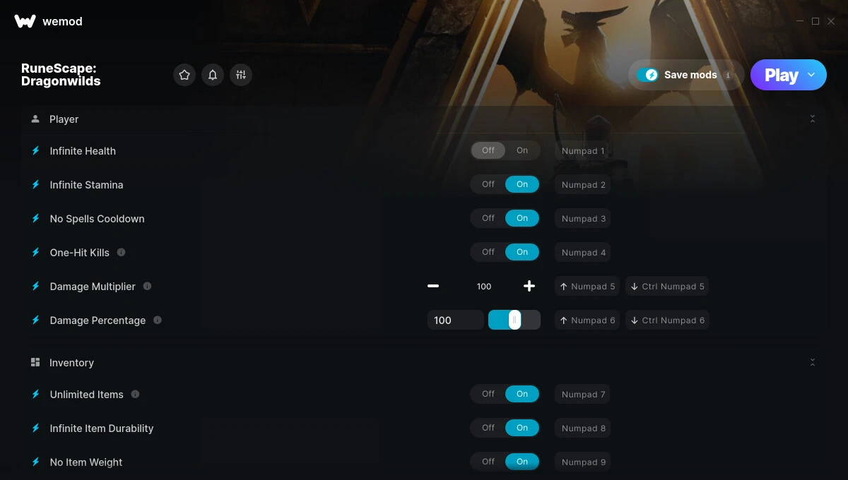 RuneScape: Dragonwilds "Трейнер +22 от WeMod: Здоровье, выносливость, урон, предметы, вес и пр"