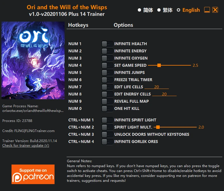 Ori and the Will of the Wisps: Трейнер/Trainer (+14) [1.0 - UPD: 06.11.2020] {FLiNG}