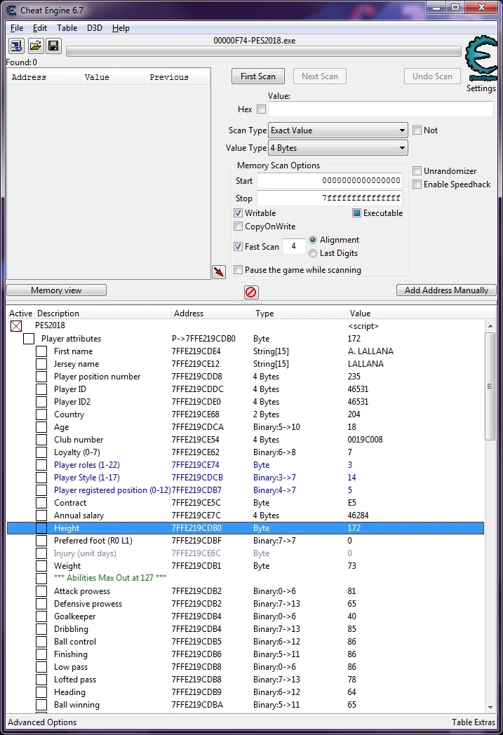 Pro Evolution Soccer 2018: Таблица для Cheat Engine (+30)