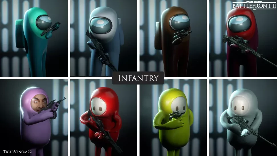 Забавный мод для Star Wars Battlefront 2 в котором миньоны из Fall Guys сражаются с астронавтами из Among Us