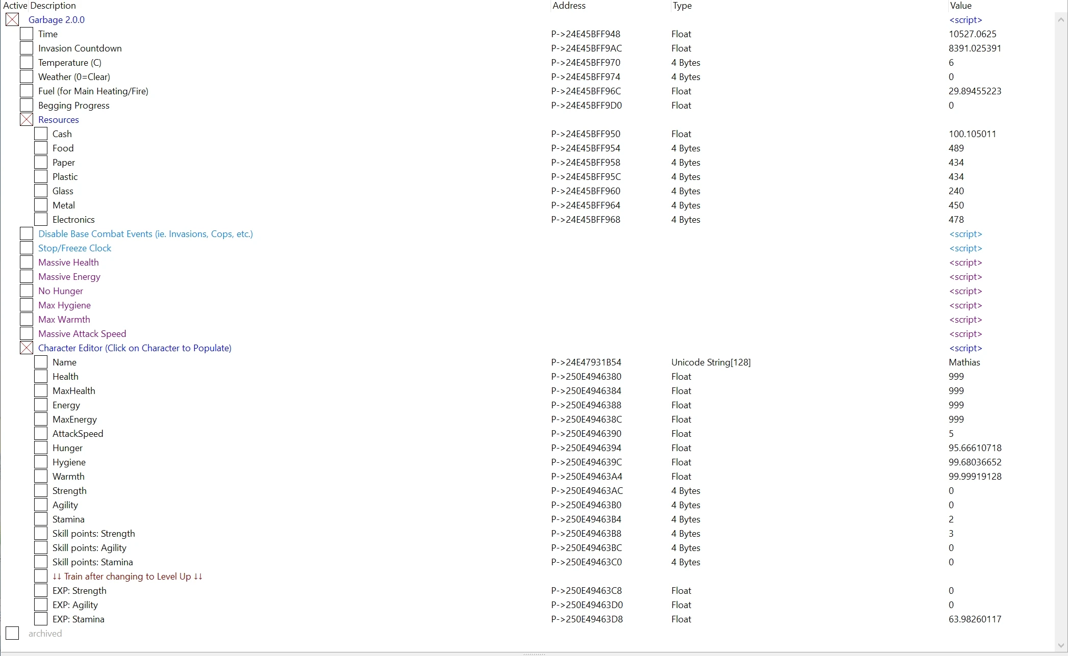 Garbage: Таблица для Cheat Engine [1.0.5] {gideon25}