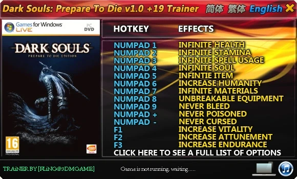 Dark Souls - Prepare to Die Edition: Трейнер/Trainer (+19) [1.0] {FLiNG}