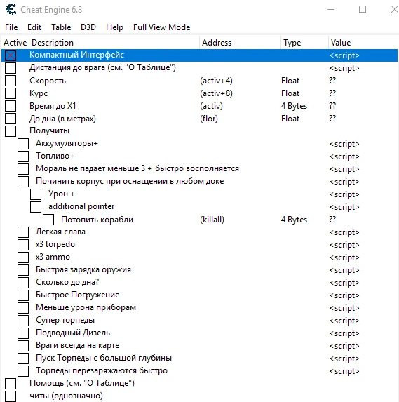Silent Hunter 5: Таблица для Cheat Engine [UPD: 28.10.2018] {denesco}