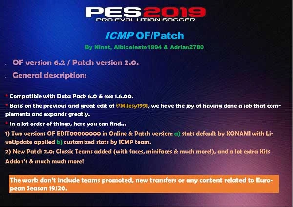 Pro Evolution Soccer 2019 "ICritMyPants Patch 2.0 Update OF 28.08.2019"