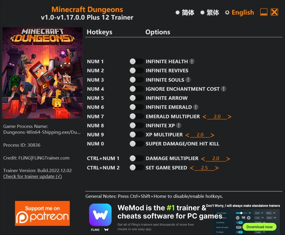 Minecraft: Dungeons "Трейнер +12" [1.0 - 1.17.0.0] {FLiNG}