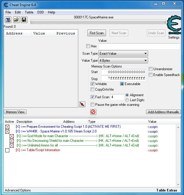 Warhammer 40.000: Space Marine: Таблица для Cheat Engine (+3) [Steam 1.0.165]