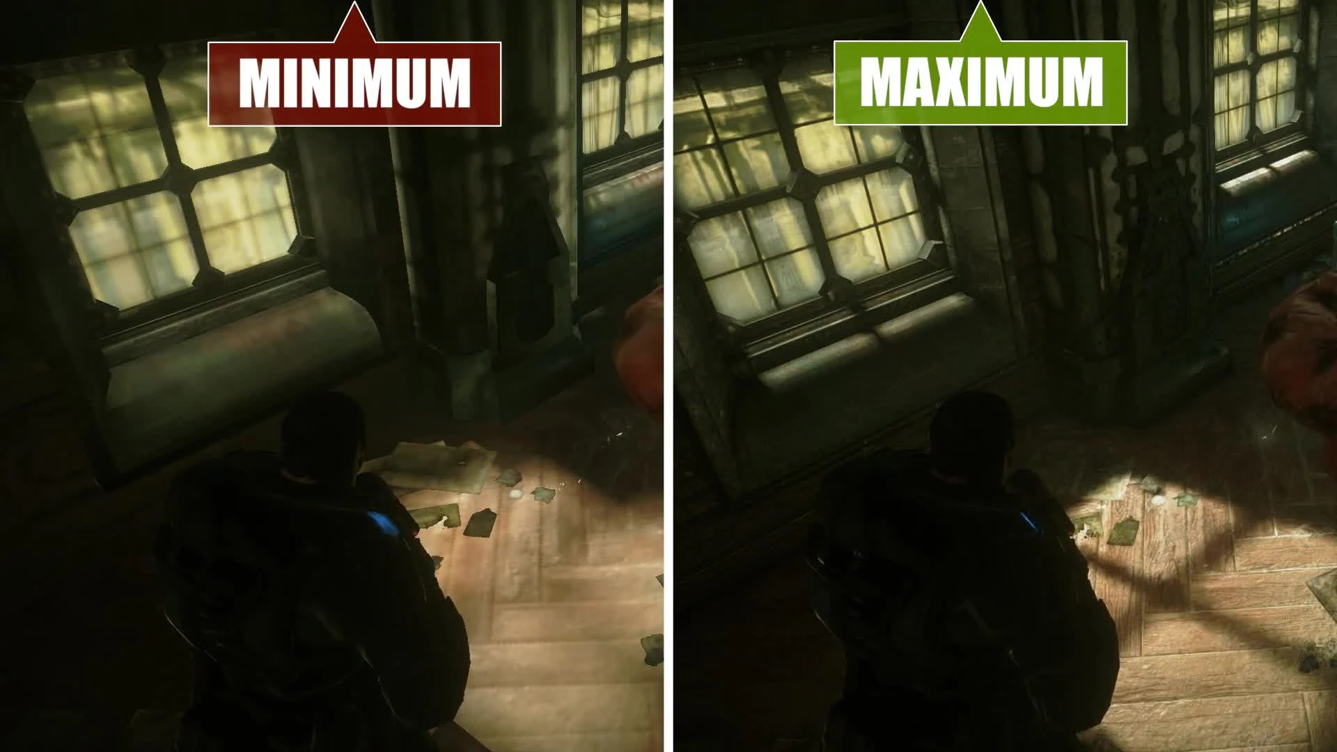 Gears of War - Ultimate Edition "Сравнение графики на PC. Минимальные настройки с максимальными настройками"