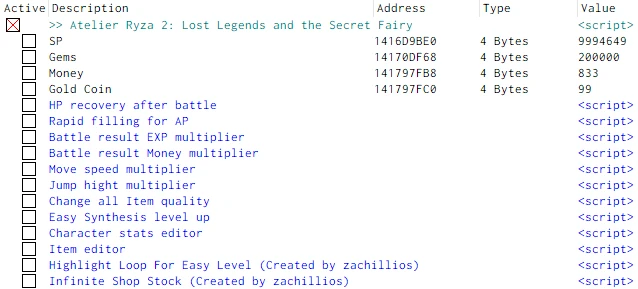 Atelier Ryza 2: Lost Legends & the Secret Fairy: Таблица для Cheat Engine [UPD: 29.01.2021] {DhaosCollider}