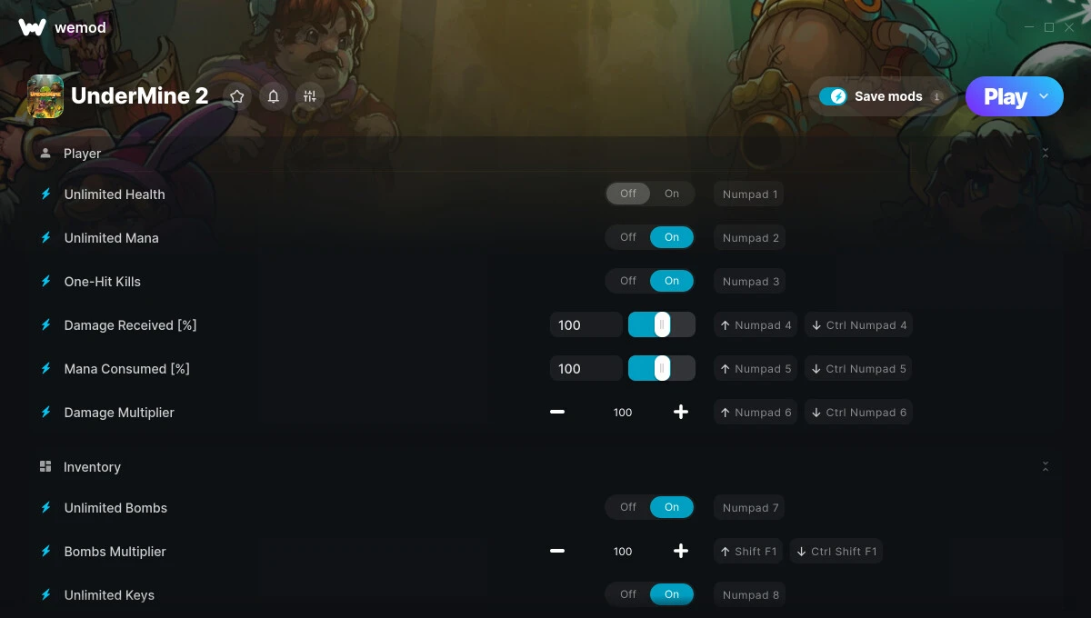 UnderMine 2 "Трейнер 20 от WeMod: Здоровье, мана, урон и пр"