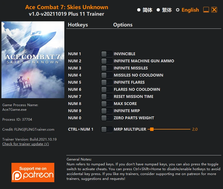 Ace Combat 7: Skies Unknown: Трейнер/Trainer (+11) [1.0 - UPD: 19.10.2021] {FLiNG}