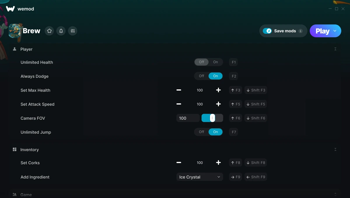 Brew "Трейнер +15 от WeMod: Здоровье, прыжки, скорость и пр"