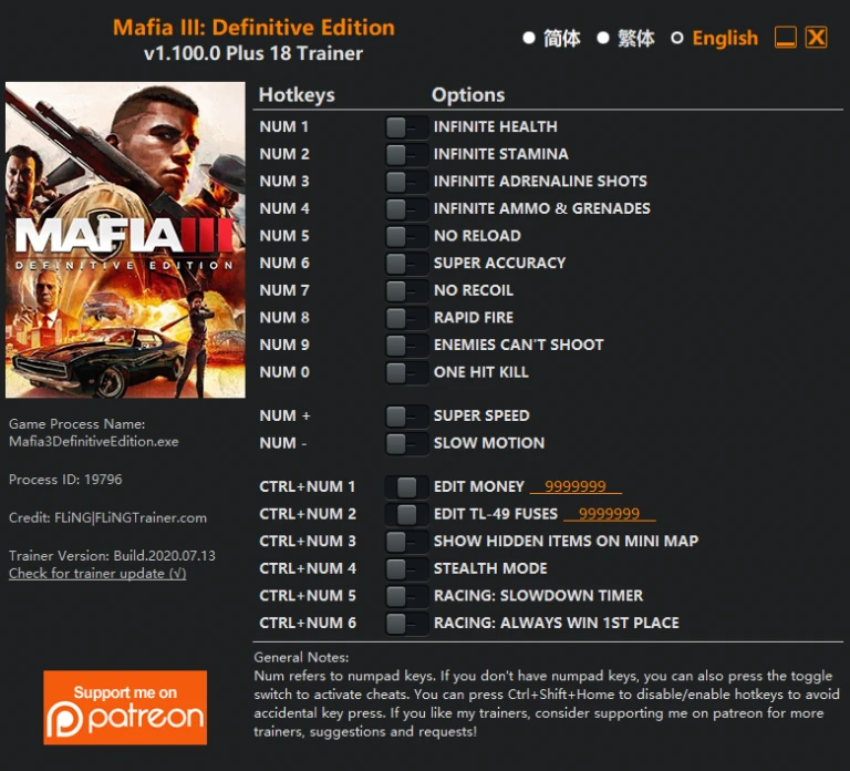 Mafia 3 - Definitive Edition: Трейнер/Trainer (+18) [1.100.0] {FLiNG}