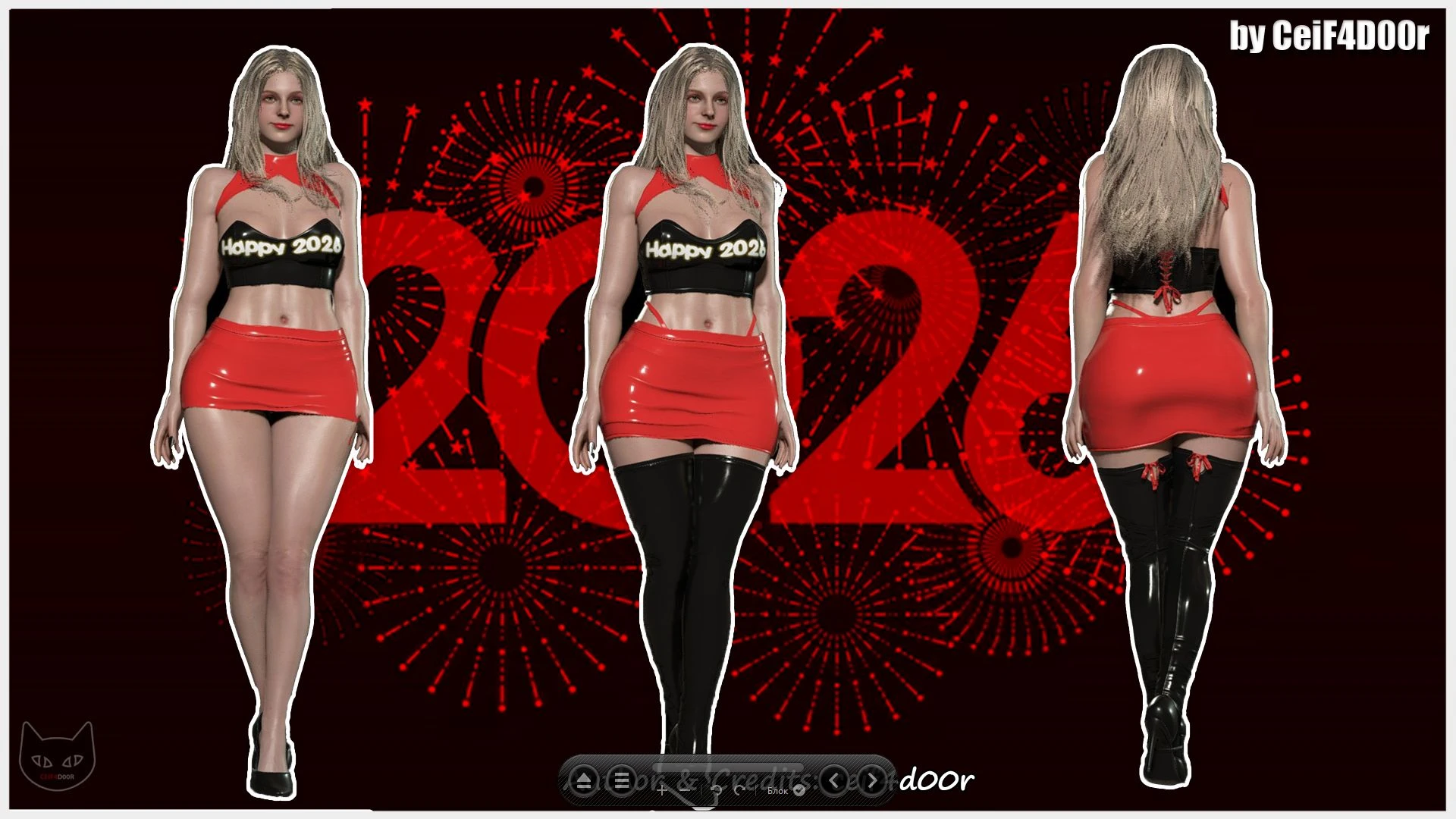 Resident Evil 4 "Эшли в клубном футуристичном черном кроп-топе с надписью Happy 2026 и красной мини-юбке"