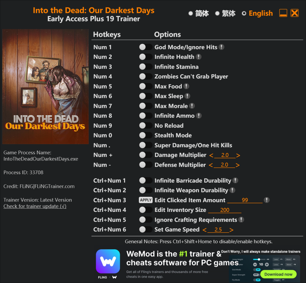 Into the Dead: Our Darkest Days "Трейнер +19 от FLiNG: Здоровье, выносливость, патроны, урон и пр"