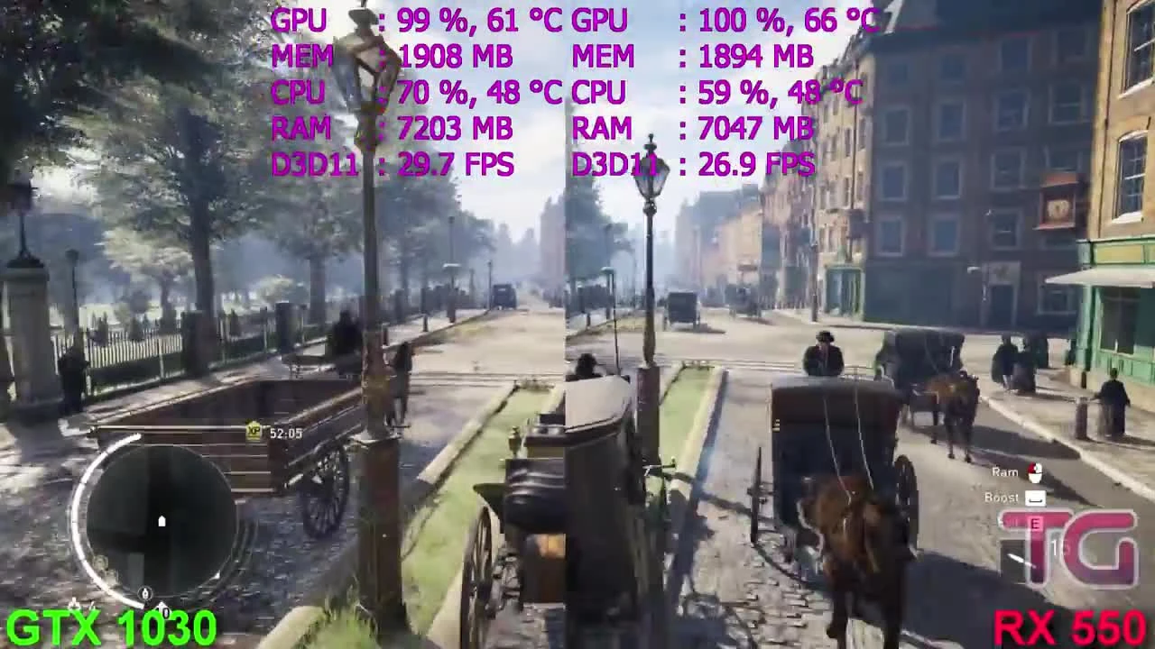 GT 1030 vs RX 550 in Assassins Creed: Syndicate (Pentium G4560)