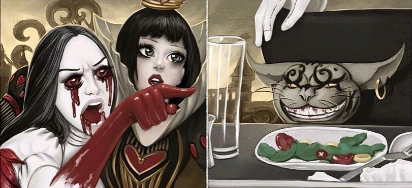 Алиса и королева Червей орут на Чеширского кота