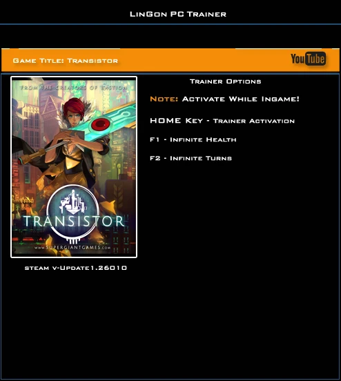 Transistor: Трейнер/Trainer (+2) [1.26010: 64 Bit] {LinGon}