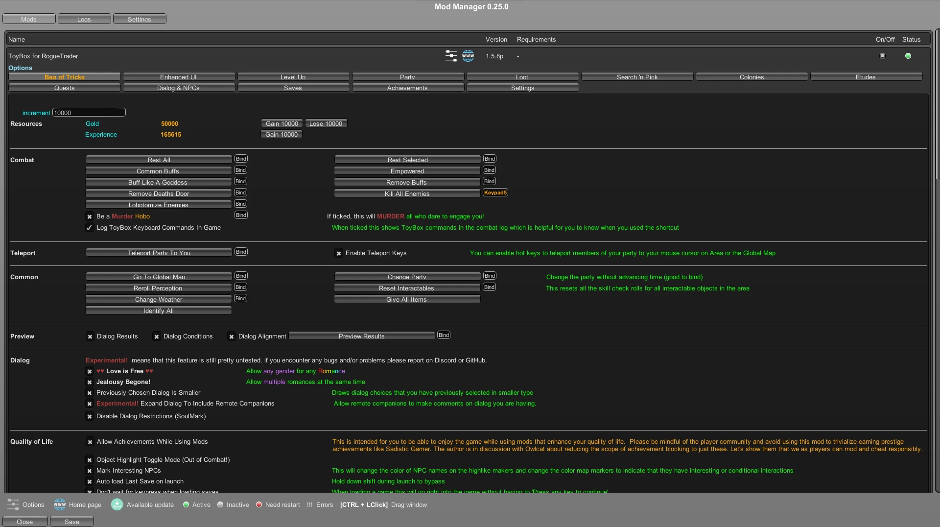 Warhammer 40,000: Rogue Trader "Чит-меню ToyBox" [1.1.7.29]