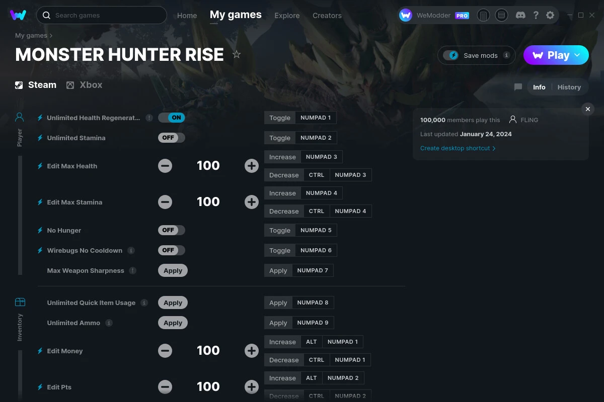 Monster Hunter Rise "Трейнер +20" [UPD: 24.01.2024] {FLiNG / WeMod}