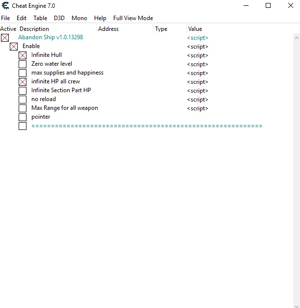 Abandon Ship: Таблица для Cheat Engine (+6) [1.0.13298] {aanpsx}