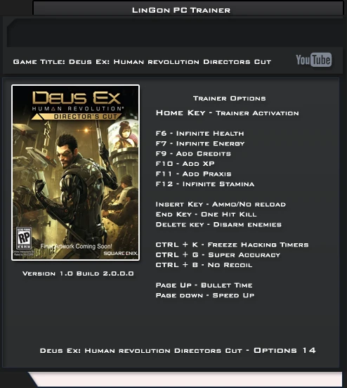 Deus Ex: Human Revolution ~ Directors Cut: Трейнер/Trainer (+14) [1.0 / Build 2.0.0.0] {LinGon}