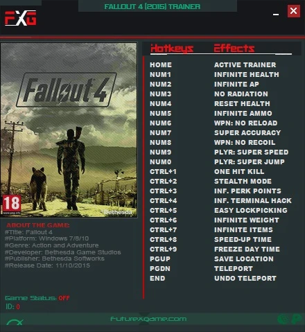 Fallout 4: Трейнер/Trainer (+20) [1.0 - 1.10.64] {FutureX}