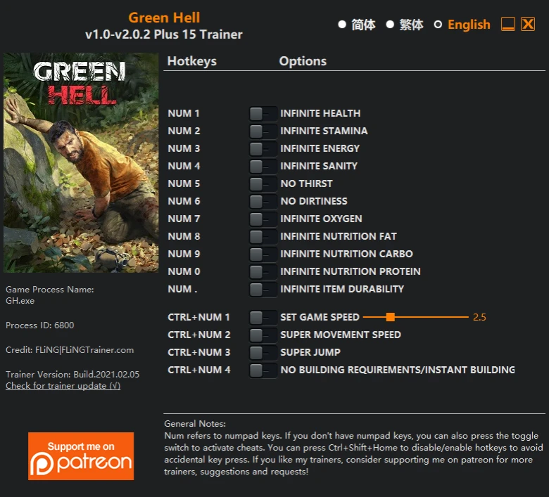 Green Hell: Трейнер/Trainer (+15) [1.0 - 2.0.2] {FLiNG}