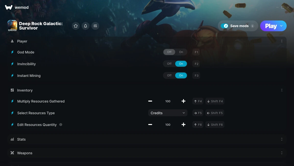 Deep Rock Galactic: Survivor "Трейнер +14 от WeMod: Неуязвимость, скорость, урон, ресурсы и пр"