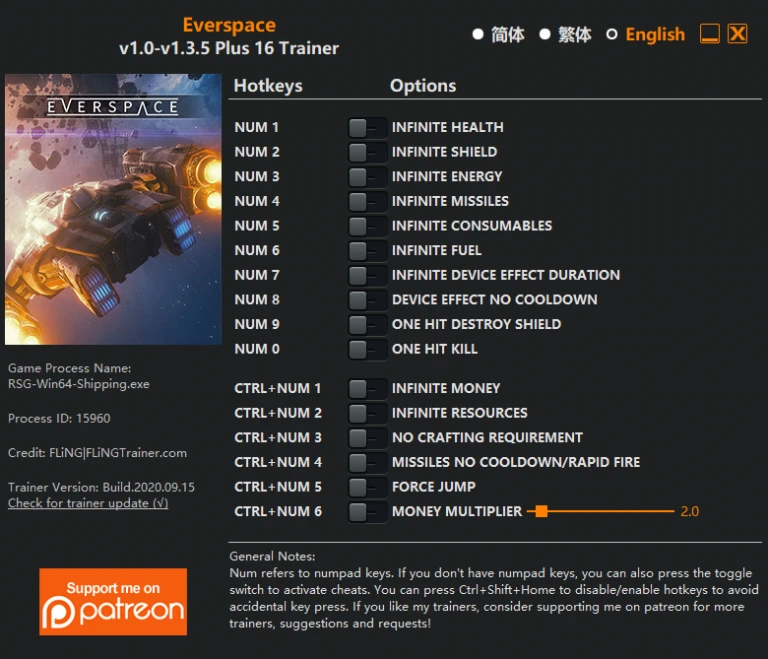 Everspace: Трейнер/Trainer (+16) [1.0 - 1.3.5] {FLiNG}