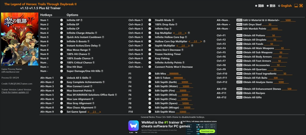 The Legend of Heroes: Kuro no Kiseki 2 - CRIMSON SiN "Трейнер +62" [1.12 - 1.1.5] {FLiNG}