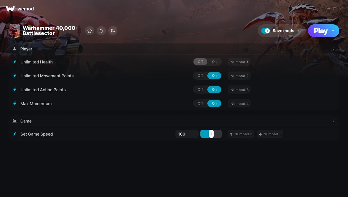 Warhammer 40.000: Battlesector "Трейнер +5 от WeMod: Здоровье, импульс, скорость и пр"