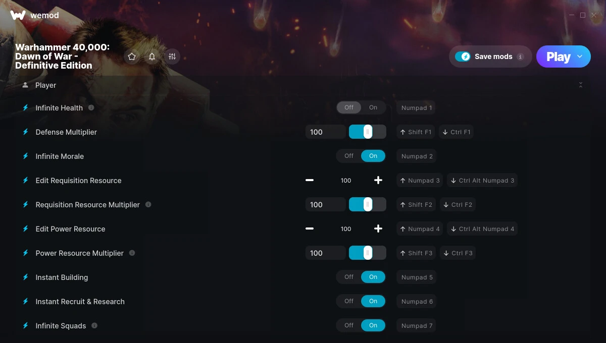 Warhammer 40,000: Dawn of War - Definitive Edition "Трейнер +20 от WeMod: Здоровье, урон, мораль и пр"