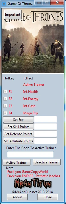 Game of Thrones: Трейнер/Trainer (+8) [1.5.0.0] {MrAntiFun}