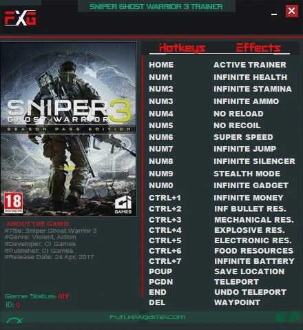 Sniper: Ghost Warrior 3: Трейнер/Trainer (+19) [1.01] {FutureX}