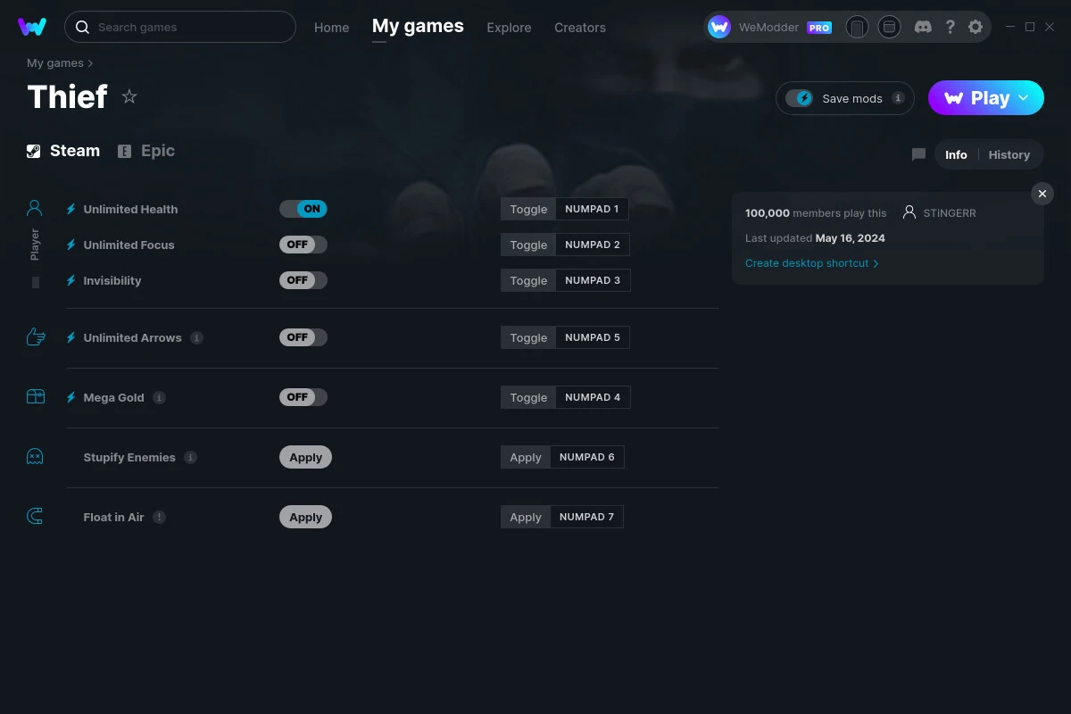 Thief "Трейнер +7 от WeMod: Здоровье, фокус, монеты ипр"