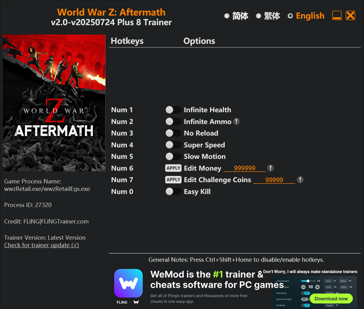 World War Z "Трейнер +8: Здоровье, патроны, деньги, монета и др" {FLiNG}