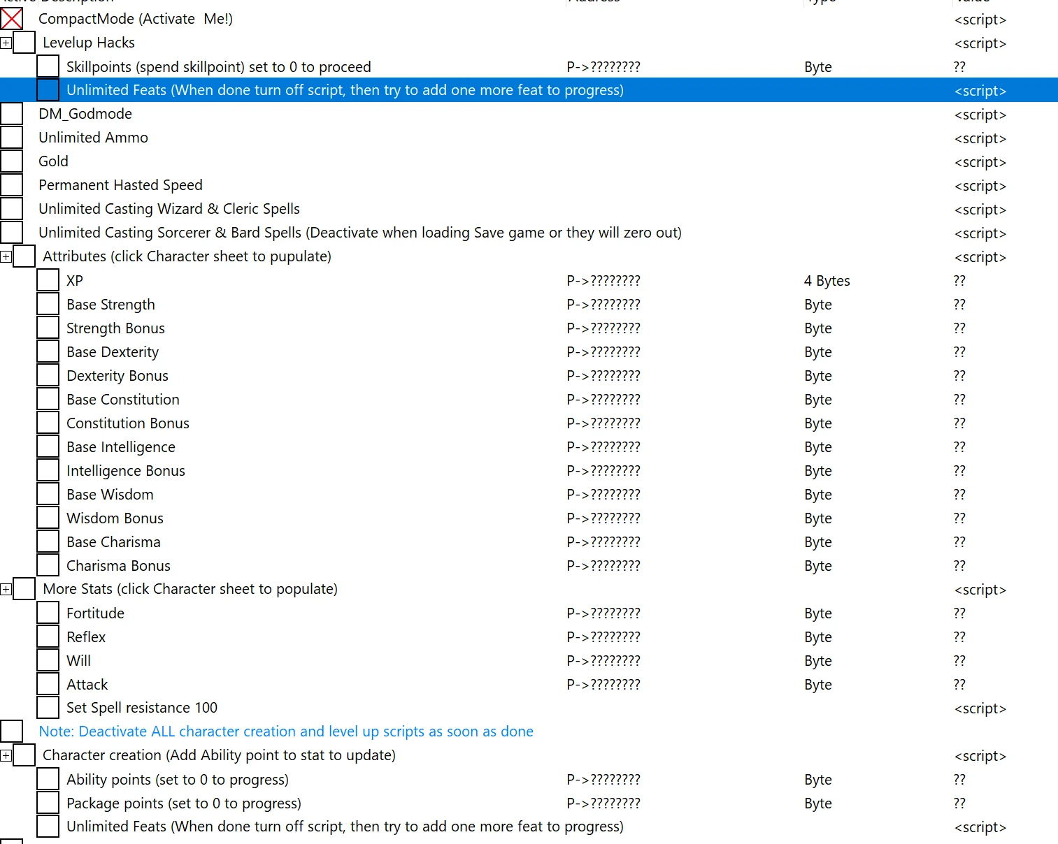 Neverwinter Nights - Enhanced: Таблица для Cheat Engine [1.79.8193 / 1.79.8193.5] {gideon25}