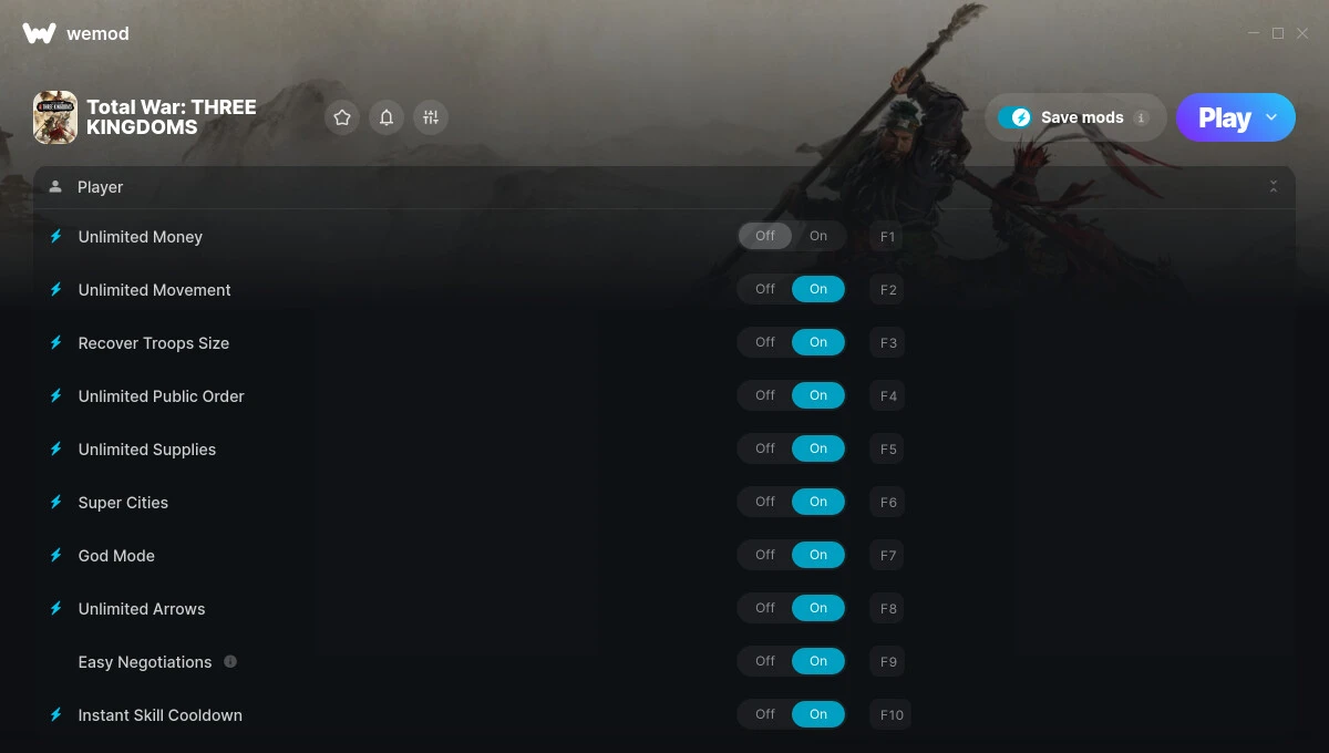 Total War: Three Kingdoms "Трейнер +16 от WeMod: Деньги, перемещения, снаряжения и пр"