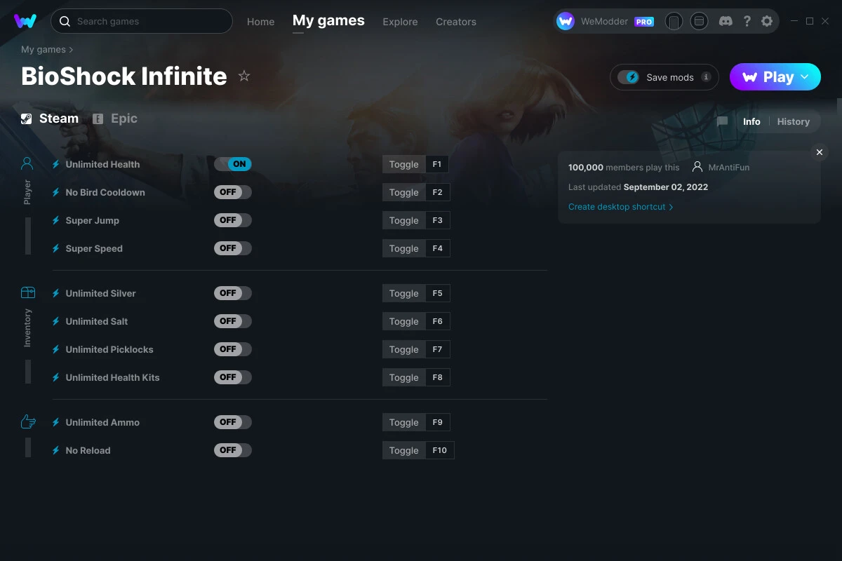 BioShock Infinite "Трейнер +9 от WeMod: Здоровье, прыжок, аптечки и пр"
