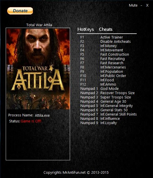 Total War: Attila: Трейнер/Trainer (+19) [1.6.0 Build 9824] {MrAntiFun} - Hotkey Editor Added