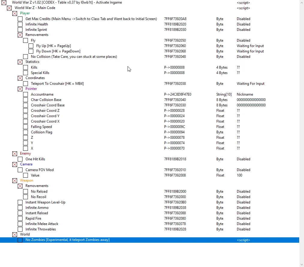 World War Z: Таблица для Cheat Engine [1.02] {l0wb1t}