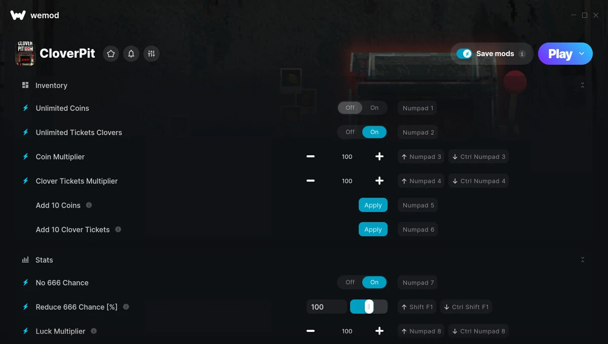 CloverPit "Трейнер 16 от WeMod: Деньги, билеты, шанс и пр"