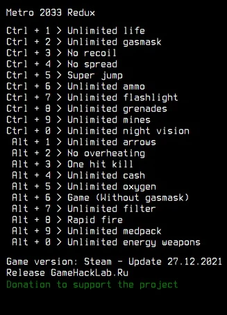 Metro 2033 Redux Трейнер/Trainer (+20) [Steam] {LIRW / GHL}