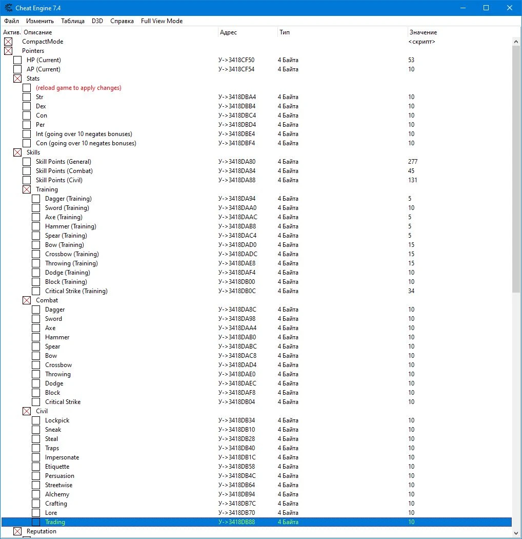 The Age of Decadence: "Таблица для Cheat Engine" [v1.6.0.0137_GoG] {Anklava}