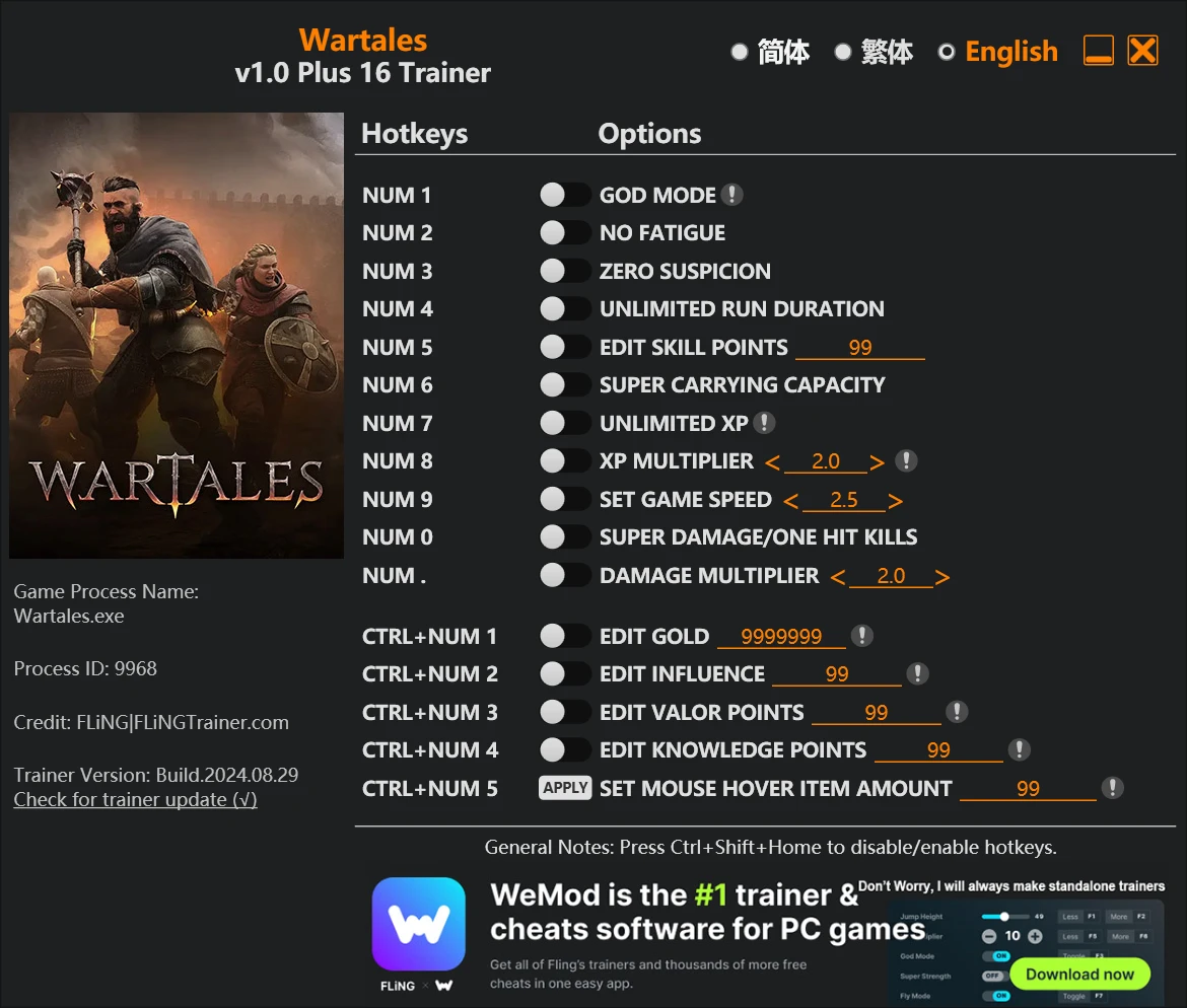 Wartales "Трейнер +16 от FLiNG: Здоровье, опыт, очки навыков и пр" [1.0 - UPD: 30.09.2025]