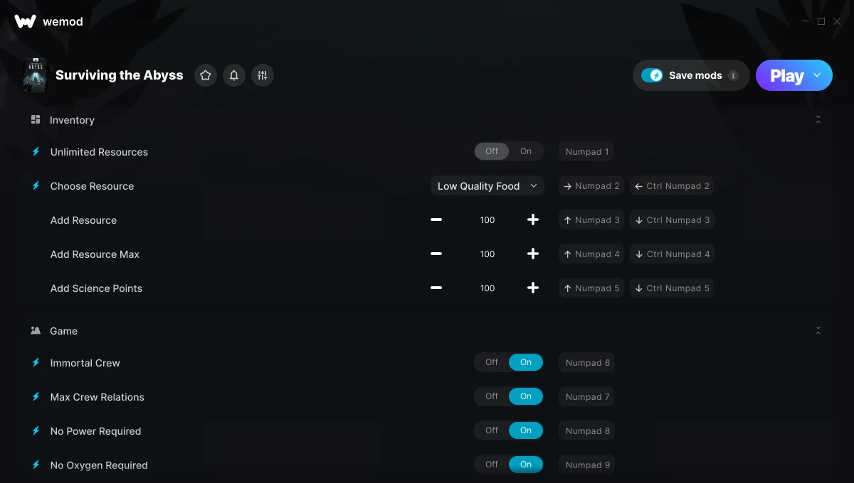 Surviving the Abyss "Трейнер +17 от WeMod: Ресурсы, кислород, строительство и пр"