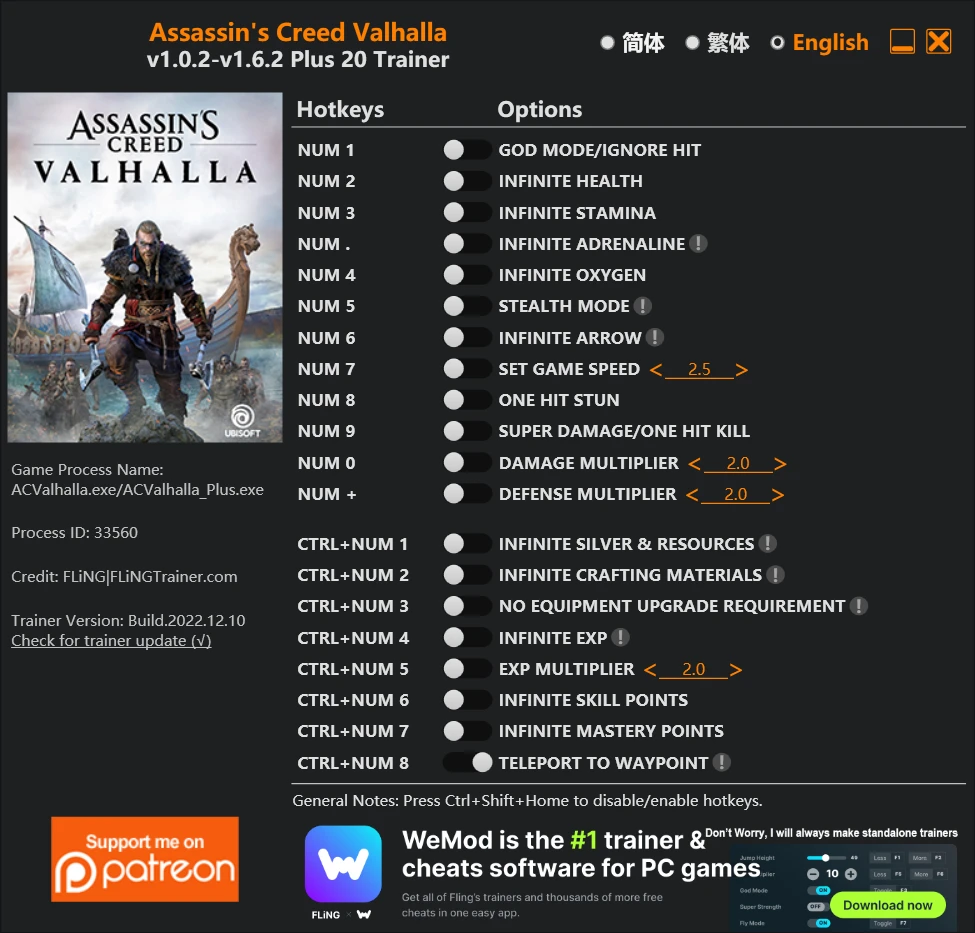 Assassin's Creed: Valhalla "Трейнер +20" [1.0.2 - 1.6.2] {FLiNG}