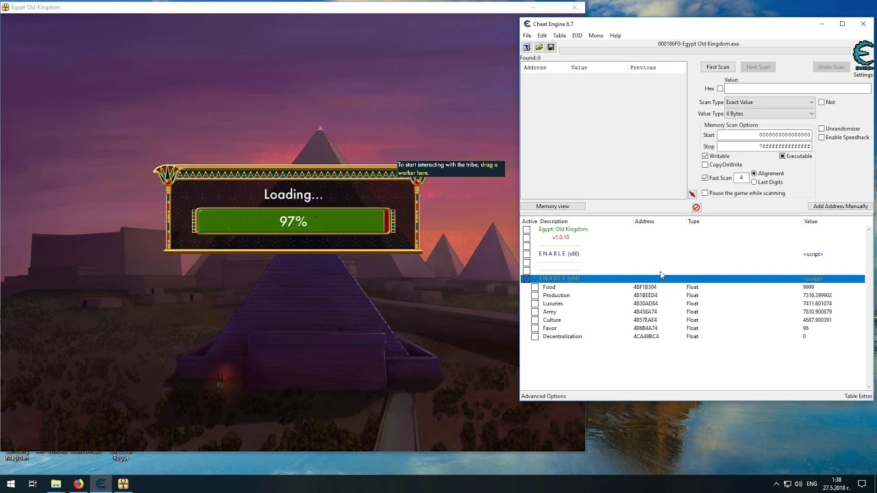 Egypt: Old Kingdom: Таблица для Cheat Engine [1.0.10 (x86 - x64)] {ArmY of 0n3}